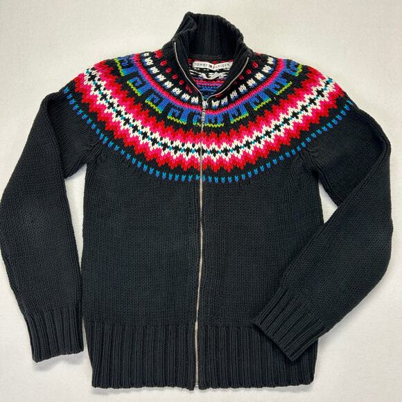 Vtg Tommy Hilfiger Womens M Fair Isle Sweater Cardigan Black Full Zip Cotton Bln - Picture 1 of 16